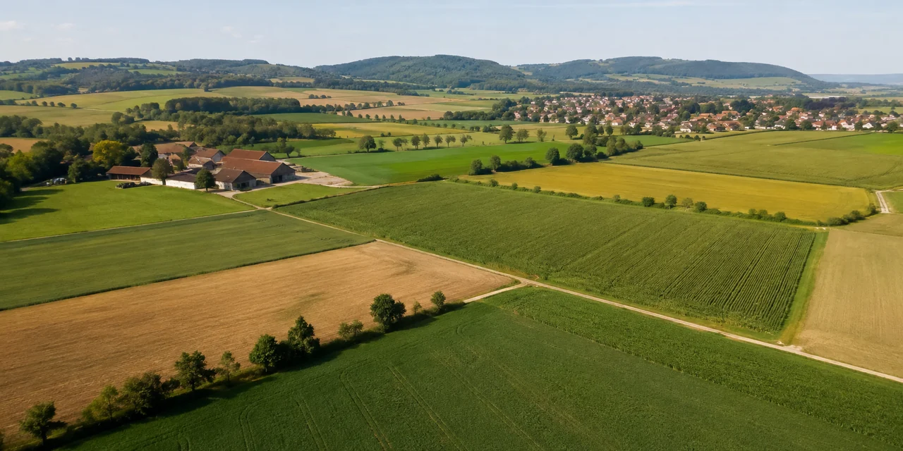 Mehrere bewirtschaftete Acker- und Grünlandflächen mit Feldwegen, Bauernhof und Dorf