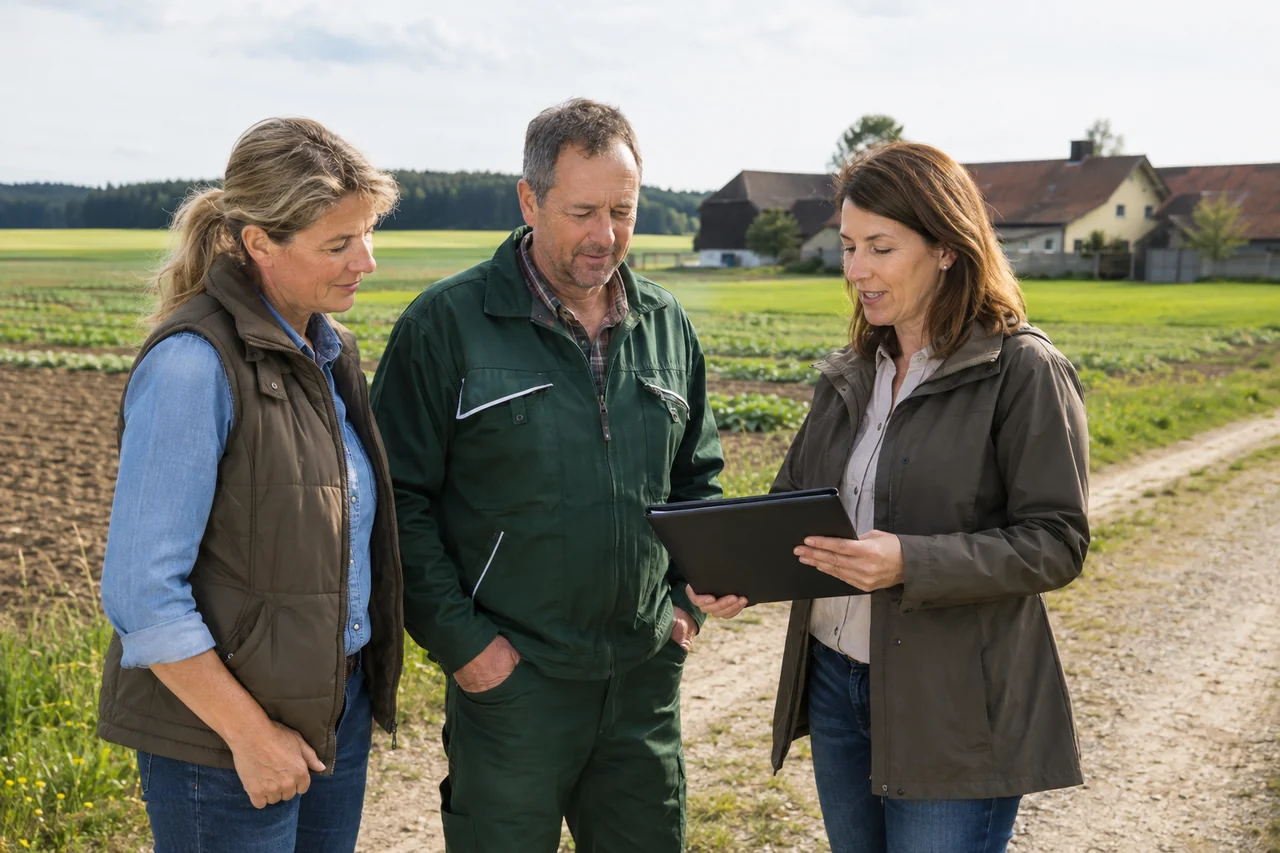 Landwirtepaar und leger gekleidete Beraterin besprechen mehrere Felder am Feldrand
