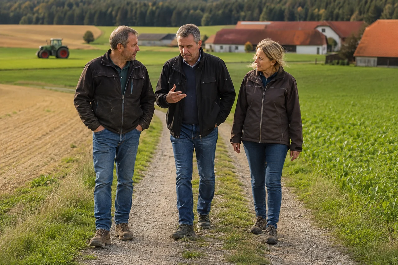 Zwei Grundeigentümer und leger gekleideter Berater gehen auf einem Feldweg zwischen zwei Flächen